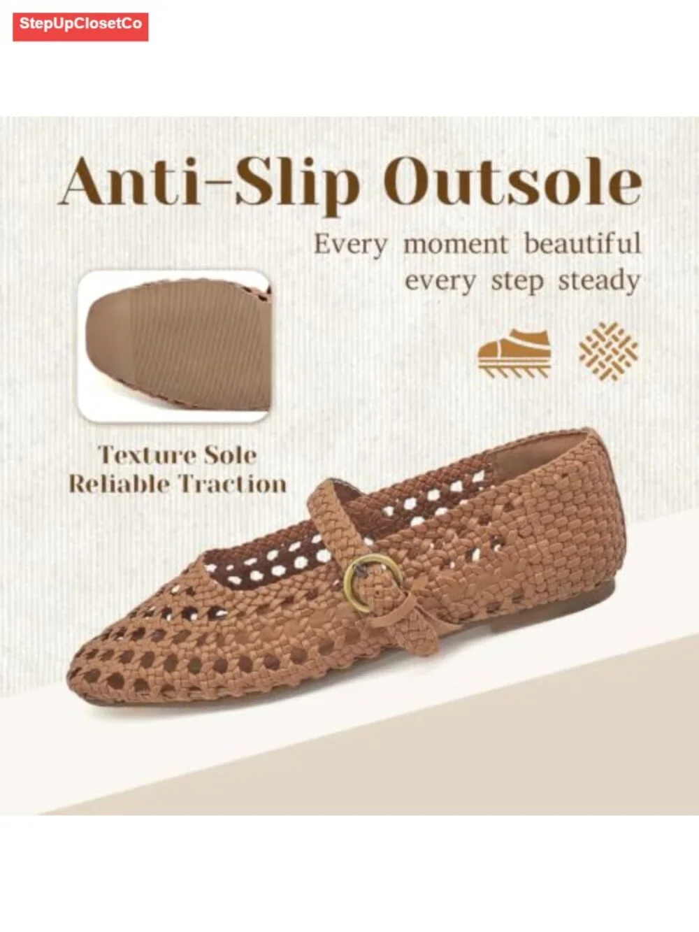 Hand Woven Vegan Faux Leather Mary Jane Flats Square Toe Memory Foam